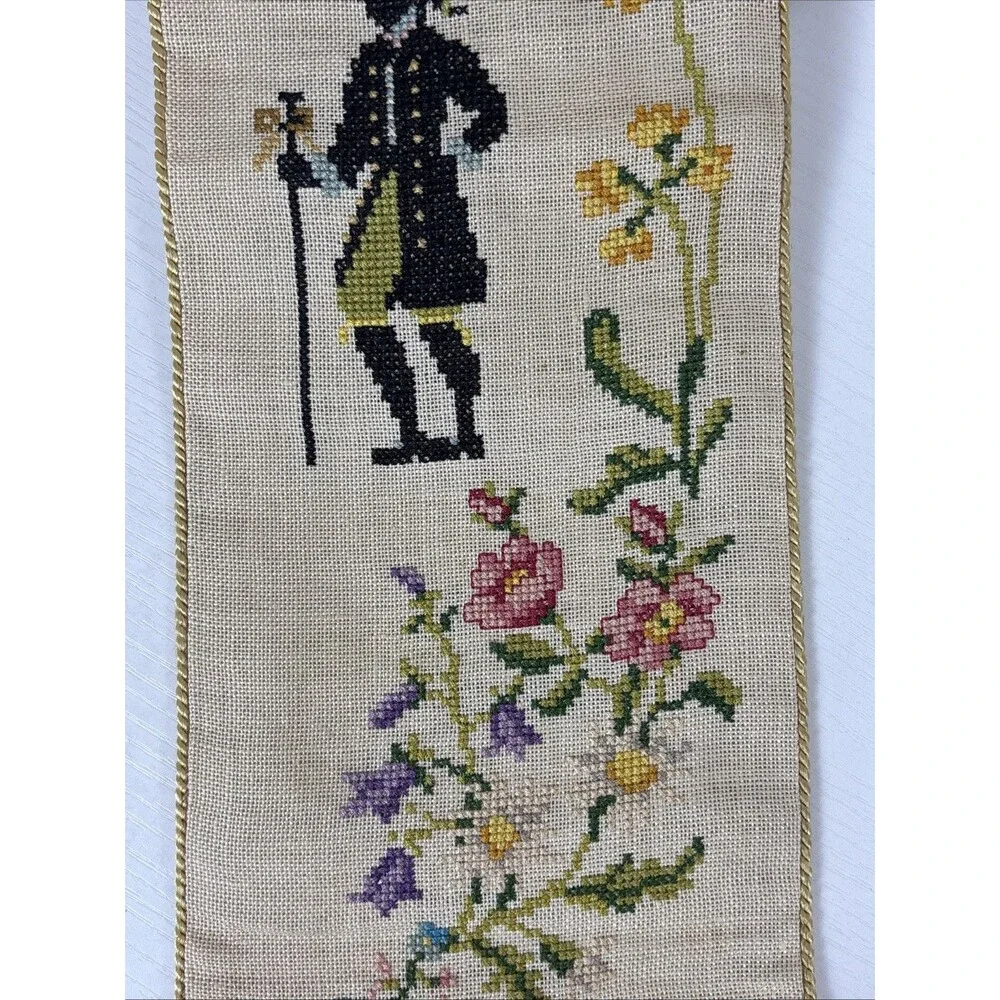 VTG Bell Pull Cross-Stitch Needlepoint Fabric Victorian Colonial Floral Couples